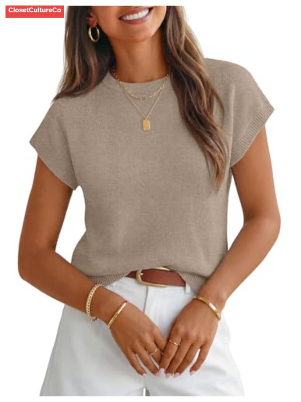 Women's Floral Knit Sweater Vest Cap Sleeve Crew Neck Pullover Work Top
